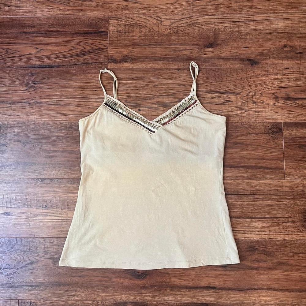 Beige Cami Sequin Beaded Women L Built in Bra Boho Coquette Minimalist Indie